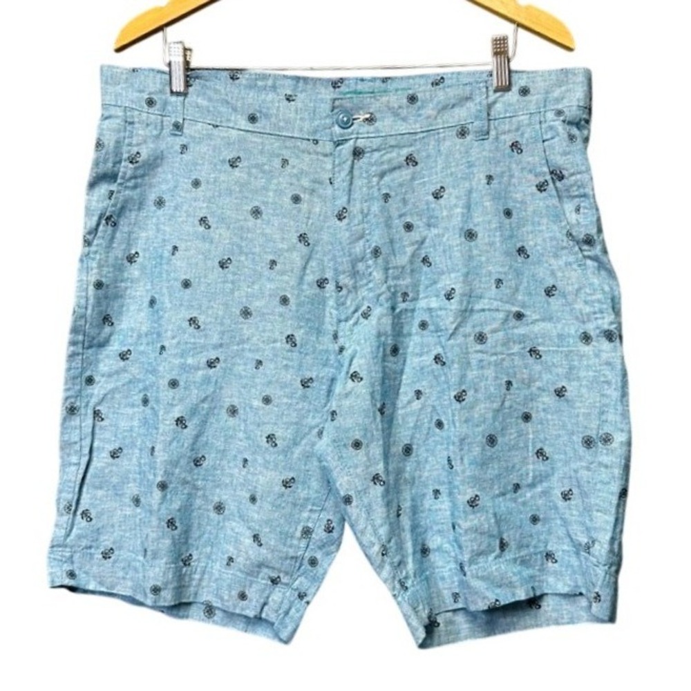 Tenth + Ocean Mens Blue Nautical Anchor Ship Wheel Linen Cotton Shorts Size 36